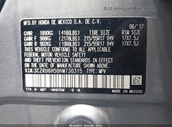 3CZRU6H50HM730315 2017 HONDA HR-V Silver Widok komory silnika