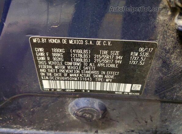 3CZRU6H50HM731643 2017 HONDA HR-V Blue Widok wnętrza 360 stopni
