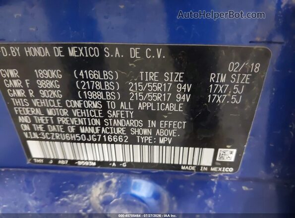 3CZRU6H50JG716662 2018 HONDA HR-V Blue Widok komory silnika
