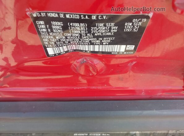 3CZRU6H50KM706961 2019 HONDA HR-V Red Շարժիչի բաժամունքի տեսք