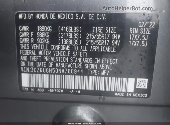 3CZRU6H50NM760944 2022 HONDA HR-V Gray Շարժիչի բաժամունքի տեսք