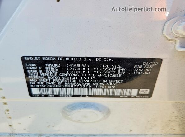 3CZRU6H50NM772379 2022 HONDA HR-V White VIN կոդի պիտակի տեսք