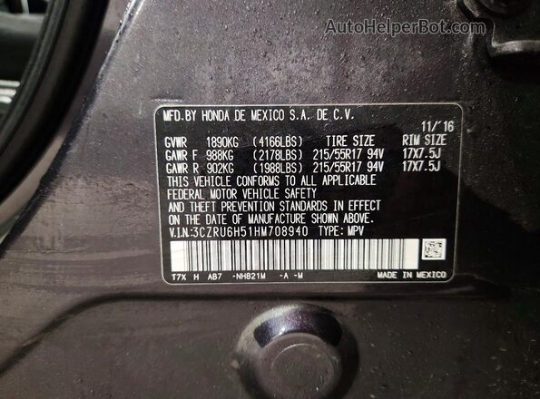 3CZRU6H51HM708940 2017 HONDA HR-V Black VIN კოდის სტიკერის ხედი