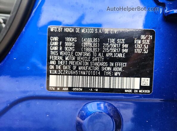3CZRU6H51NM701014 2022 HONDA HR-V Синий Вид наклейки с VIN-кодом