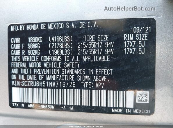3CZRU6H51NM716726 2022 HONDA HR-V Silver Вид підкапотного простору
