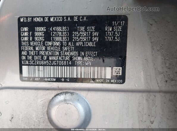 3CZRU6H52JG706814 2018 HONDA HR-V Серебряный Вид подкапотного пространства