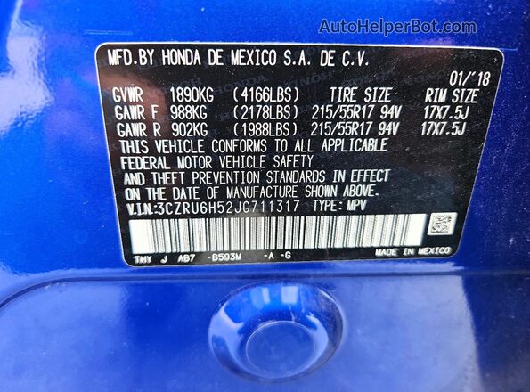 3CZRU6H52JG711317 2018 HONDA HR-V Blue VIN კოდის სტიკერის ხედი