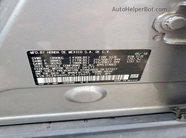 3CZRU6H52JG725072 2018 HONDA HR-V Silver Շարժիչի բաժամունքի տեսք