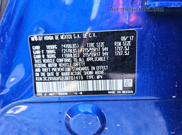 3CZRU6H52JM701419 2018 HONDA HR-V Blue Вид наклейки з VIN-кодом