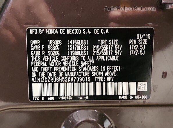 3CZRU6H52KM709019 2019 HONDA HR-V Brown VIN კოდის სტიკერის ხედი