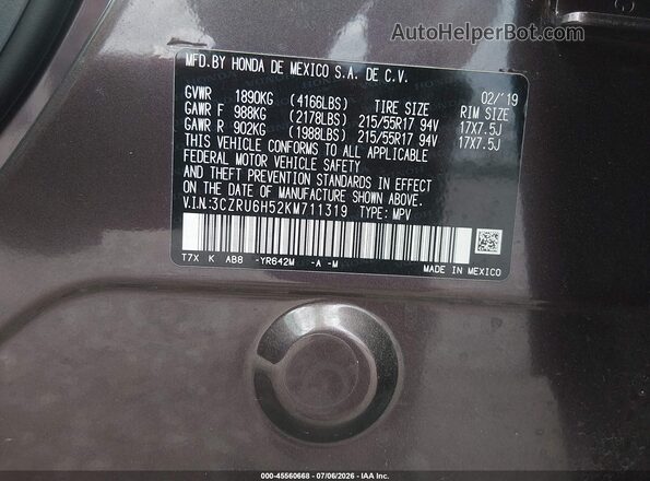 3CZRU6H52KM711319 2019 HONDA HR-V Gray Շարժիչի բաժամունքի տեսք