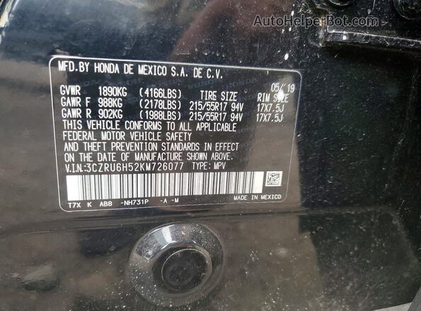 3CZRU6H52KM726077 2019 HONDA HR-V Black Vista del compartimento del motor