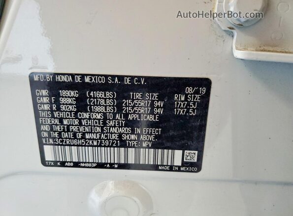 3CZRU6H52KM739721 2019 HONDA HR-V White სალონის 360-გრადუსიანი ხედი