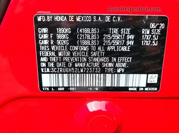 3CZRU6H52LM723732 2020 HONDA HR-V Red Widok naklejki z numerem VIN