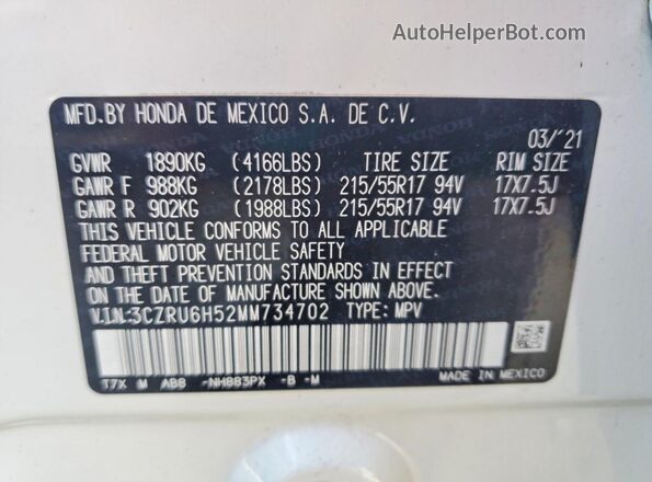 3CZRU6H52MM734702 2021 HONDA HR-V White Панорамний вид салону 360°