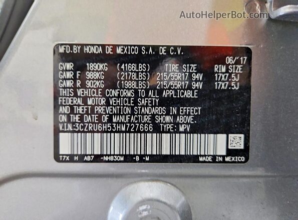 3CZRU6H53HM727666 2017 HONDA HR-V Silver Vista de la etiqueta del VIN