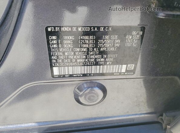 3CZRU6H53JG729227 2018 HONDA HR-V Gray Vista de la etiqueta del VIN