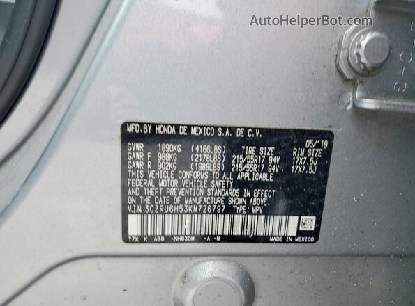 3CZRU6H53KM726797 2019 HONDA HR-V Silver VIN կոդի պիտակի տեսք