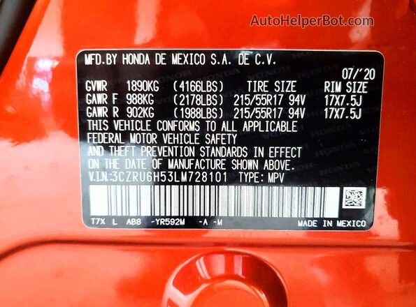 3CZRU6H53LM728101 2020 HONDA HR-V Orange VIN կոդի պիտակի տեսք