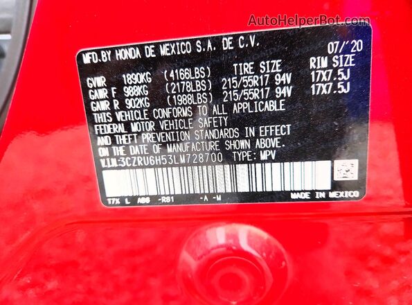 3CZRU6H53LM728700 2020 HONDA HR-V Красный Вид подкапотного пространства