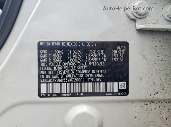 3CZRU6H53MM720002 2021 HONDA HR-V White Панорамний вид салону 360°