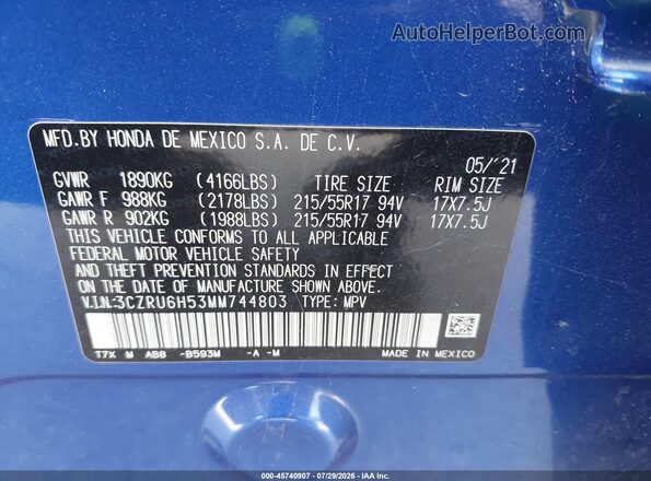 3CZRU6H53MM744803 2021 HONDA HR-V Blue Engine compartment view