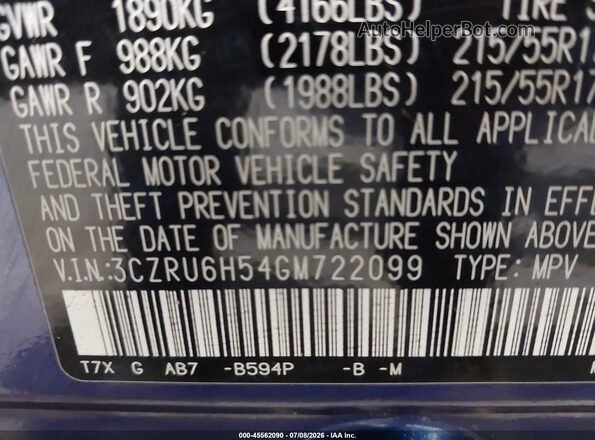 3CZRU6H54GM722099 2016 HONDA HR-V Blue Vista del compartimento del motor
