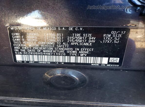 3CZRU6H54HM714926 2017 HONDA HR-V Charcoal VIN sticker view