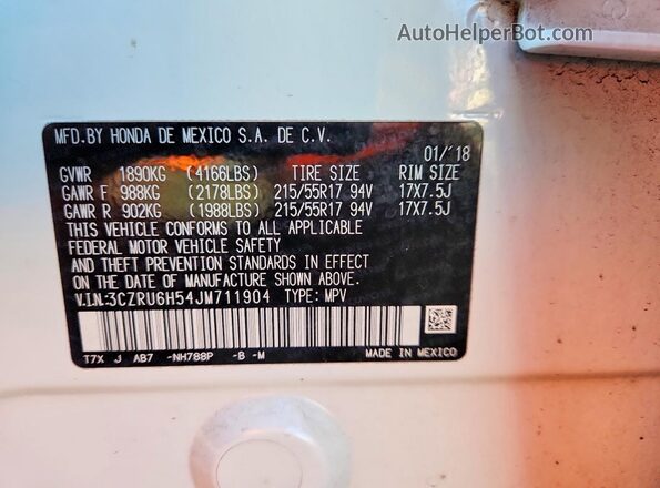 3CZRU6H54JM711904 2018 HONDA HR-V White Панорамний вид салону 360°