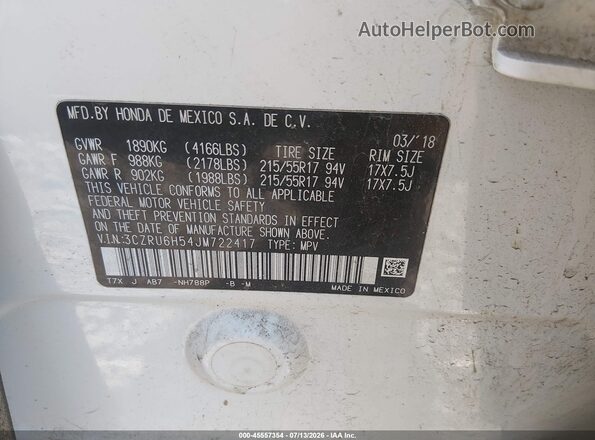 3CZRU6H54JM722417 2018 HONDA HR-V White Շարժիչի բաժամունքի տեսք
