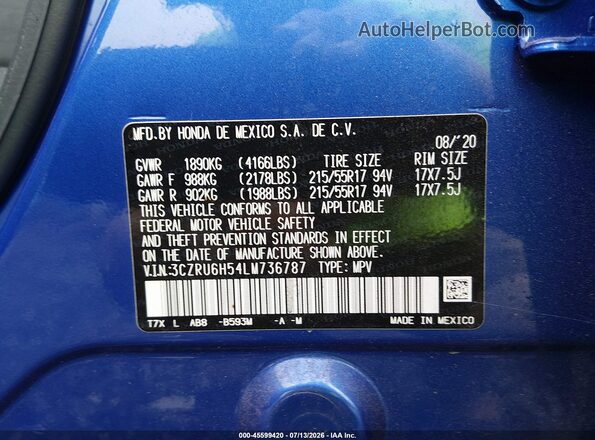 3CZRU6H54LM736787 2020 HONDA HR-V Blue ძრავის განყოფილების ხედი