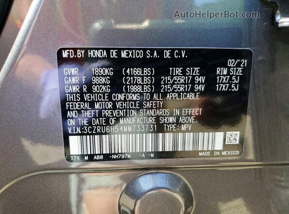 3CZRU6H54MM733731 2021 HONDA HR-V Gray VIN կոդի պիտակի տեսք