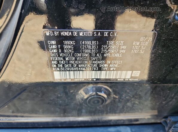 3CZRU6H54NM701783 2022 HONDA HR-V Black VIN კოდის სტიკერის ხედი