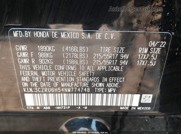 3CZRU6H54NM774748 2022 HONDA HR-V Black Вид підкапотного простору