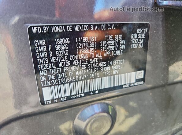 3CZRU6H55HM718919 2017 HONDA HR-V Gray Vista de la etiqueta del VIN