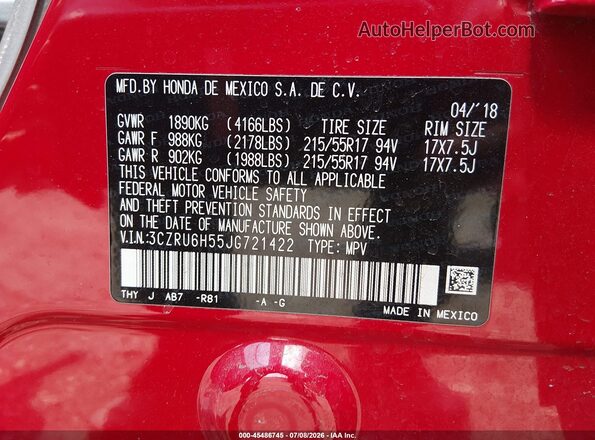 3CZRU6H55JG721422 2018 HONDA HR-V Red Widok komory silnika