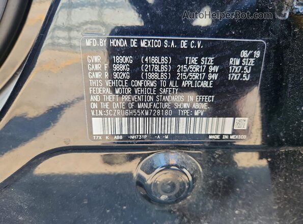 3CZRU6H55KM728180 2019 HONDA HR-V Черный Вид наклейки с VIN-кодом