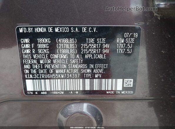 3CZRU6H55KM734397 2019 HONDA HR-V Maroon Vista del compartimento del motor