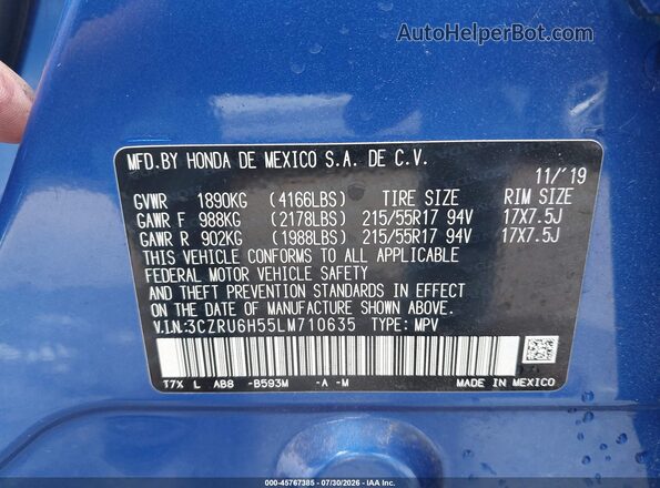 3CZRU6H55LM710635 2020 HONDA HR-V Blue ძრავის განყოფილების ხედი