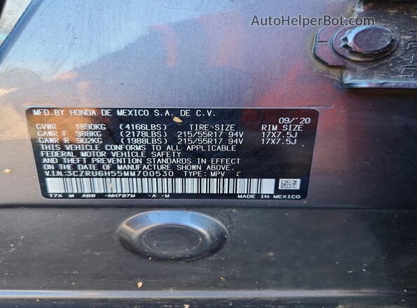 3CZRU6H55MM700530 2021 HONDA HR-V Gray Вид наклейки з VIN-кодом