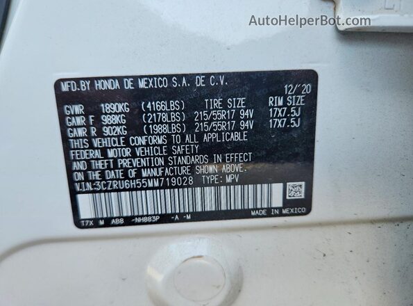 3CZRU6H55MM719028 2021 HONDA HR-V Белый Вид наклейки с VIN-кодом
