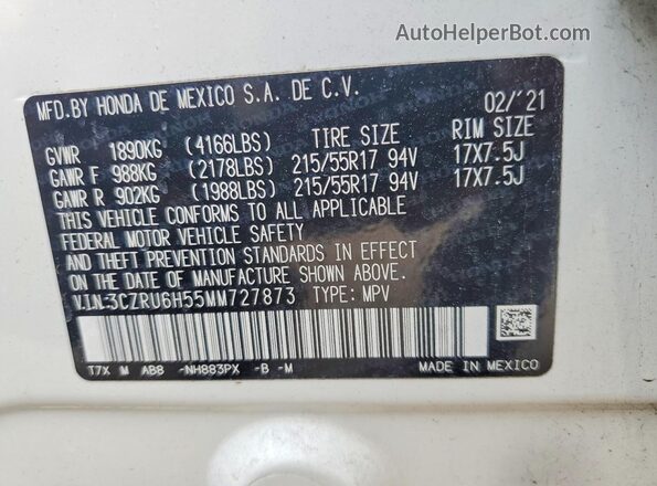 3CZRU6H55MM727873 2021 HONDA HR-V White Widok naklejki z numerem VIN