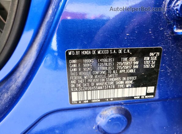 3CZRU6H55MM737478 2021 HONDA HR-V Blue VIN კოდის სტიკერის ხედი