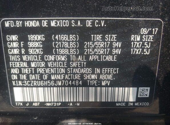 3CZRU6H56JM704484 2018 HONDA HR-V Black ძრავის განყოფილების ხედი