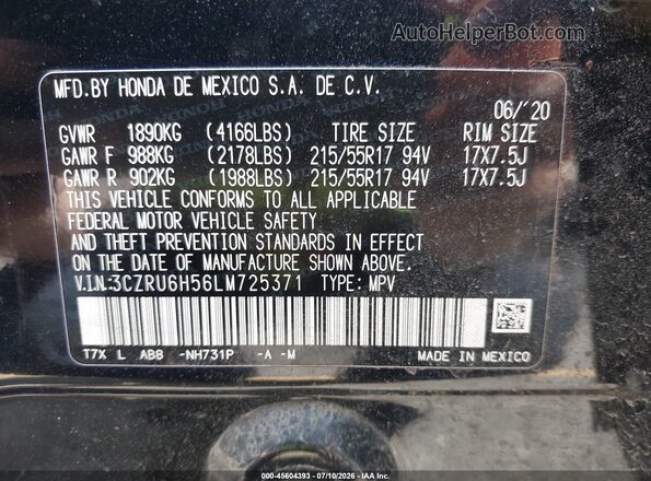 3CZRU6H56LM725371 2020 HONDA HR-V Black Vista del compartimento del motor