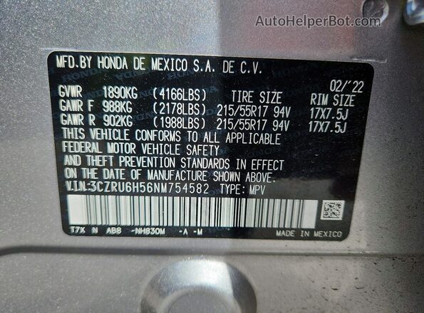 3CZRU6H56NM754582 2022 HONDA HR-V Gray Widok naklejki z numerem VIN