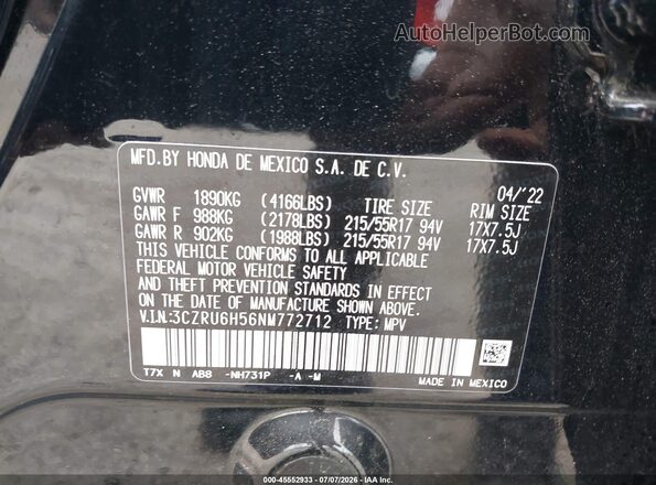 3CZRU6H56NM772712 2022 HONDA HR-V Black Շարժիչի բաժամունքի տեսք