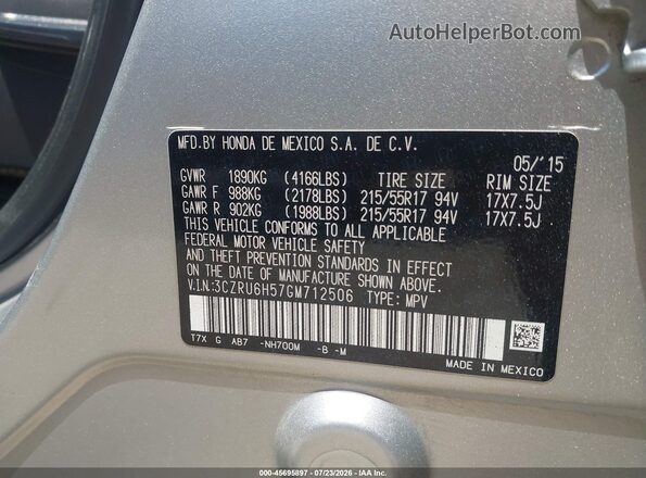 3CZRU6H57GM712506 2016 HONDA HR-V Silver Engine compartment view