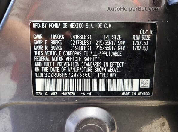 3CZRU6H57GM733601 2016 HONDA HR-V Gray VIN կոդի պիտակի տեսք
