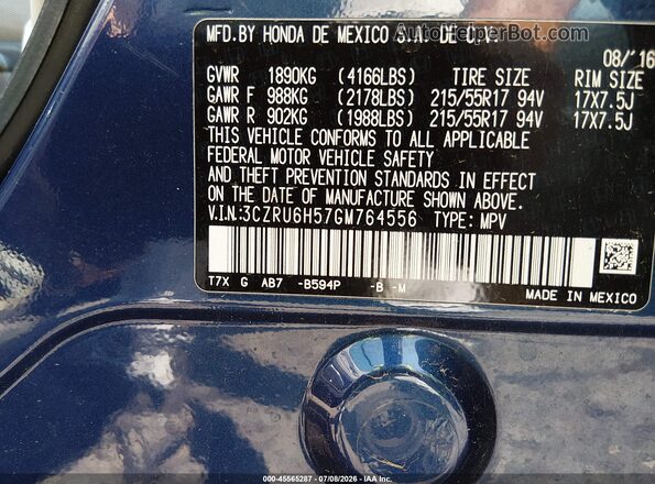 3CZRU6H57GM764556 2016 HONDA HR-V Blue Widok komory silnika
